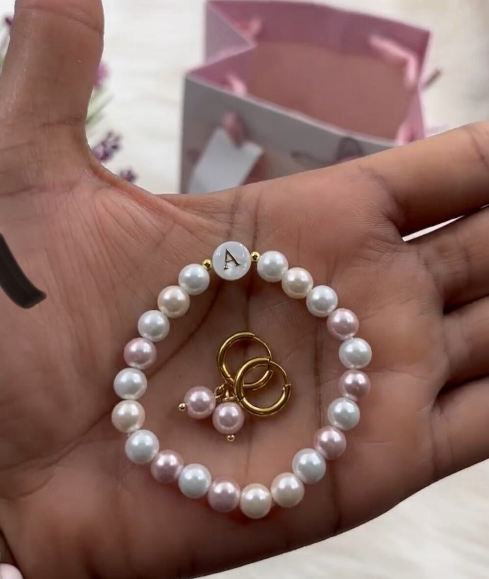 Pearl Initial Bracelet and Earrings Set